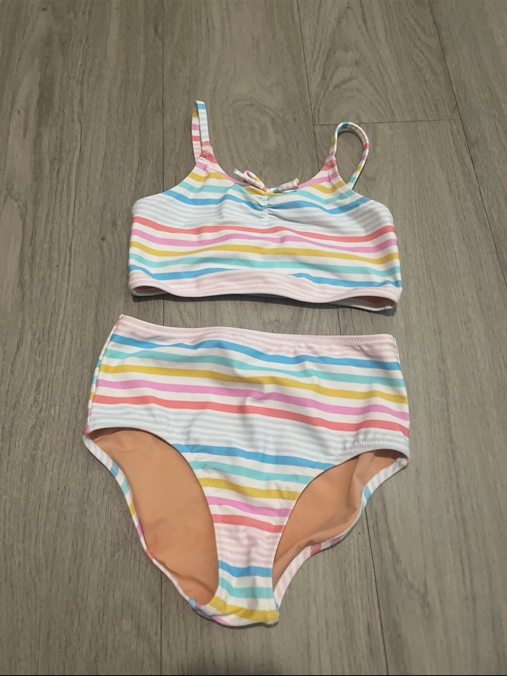Crewcuts Girls Rainbow Stripe Two-Piece Bikini - White, Pink, Yellow, Blue